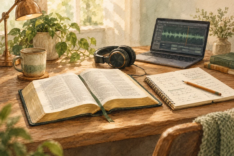 Aquarellillustration: aufgeschlagene Bibel und Notizen neben Kopfhörern und einem Laptop für die Podcastproduktion.