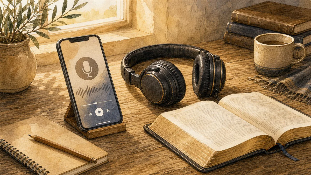 Podcast hören am Schreibtisch mit Bibel und Notizbuch